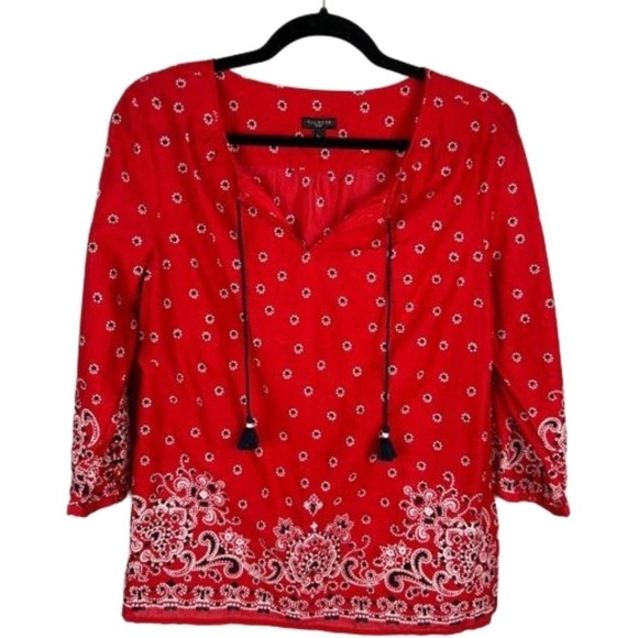 Talbots Boho Floral Bandana Print Cotton Blouse Large Petite Red - Picture 1 of 14